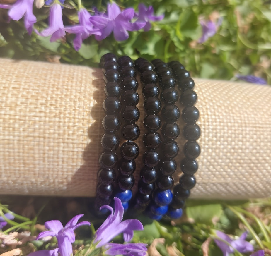 Armband 7 Perlen, (Obsidian, Lapislazuli), 06mm Kugeln.