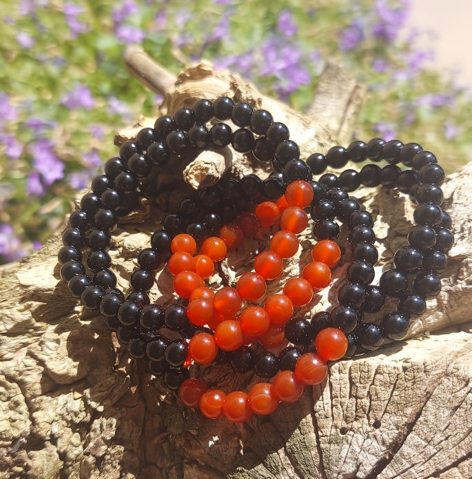 Armband 7 Perlen, (Obsidian, Karneol), 06mm Kugeln.