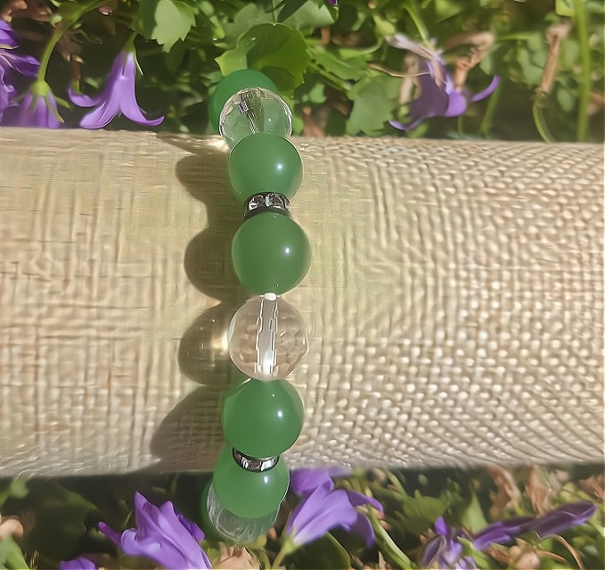 Armband (Bergkristall facettiert, grüner Aventurin), 10mm Kugeln.