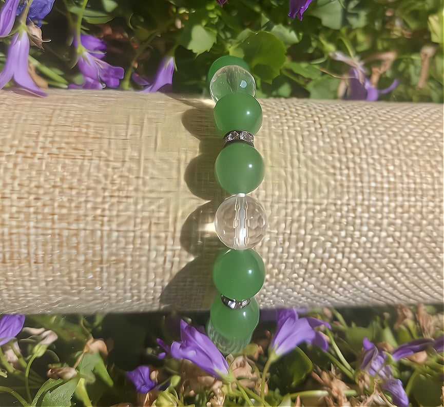 Armband (Bergkristall facettiert, grüner Aventurin), 10mm Kugeln.