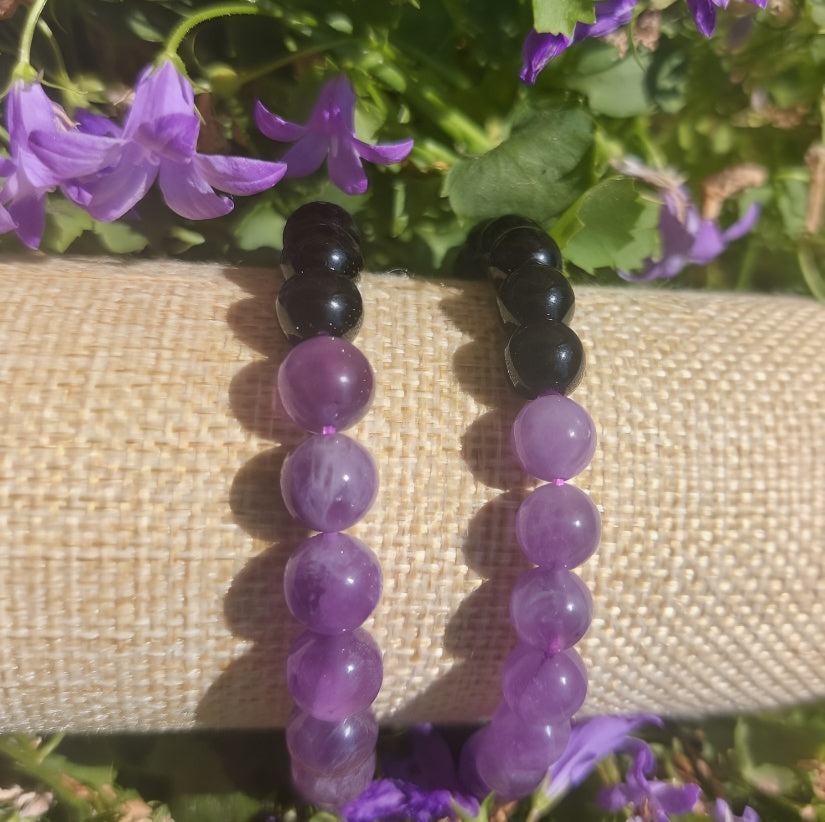 Armband 7 Perlen, (Obsidian, Amethyst), 06mm Kugeln.