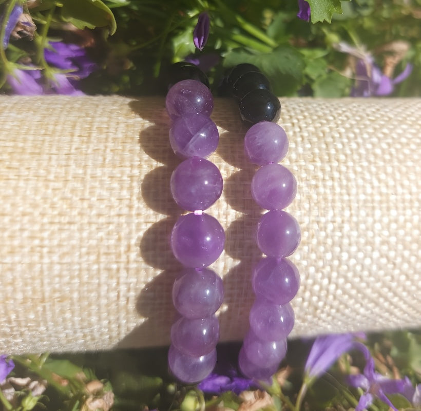 Armband 7 Perlen, (Obsidian, Amethyst), 06mm Kugeln.