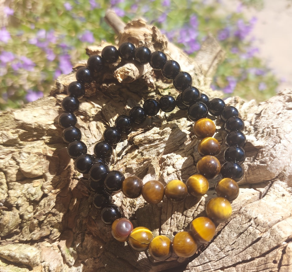 Armband 7 Perlen, (Obsidian, Tigerauge), 08mm Kugeln.