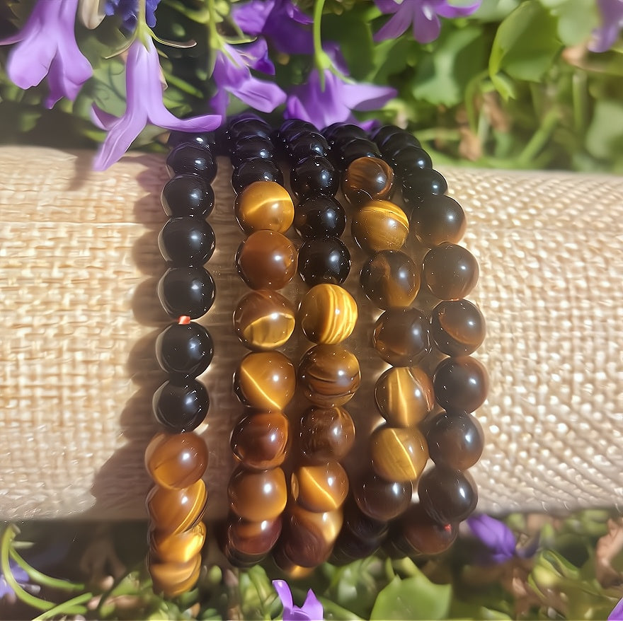 Armband 7 Perlen, (Obsidian, Tigerauge), 06mm Kugeln.
