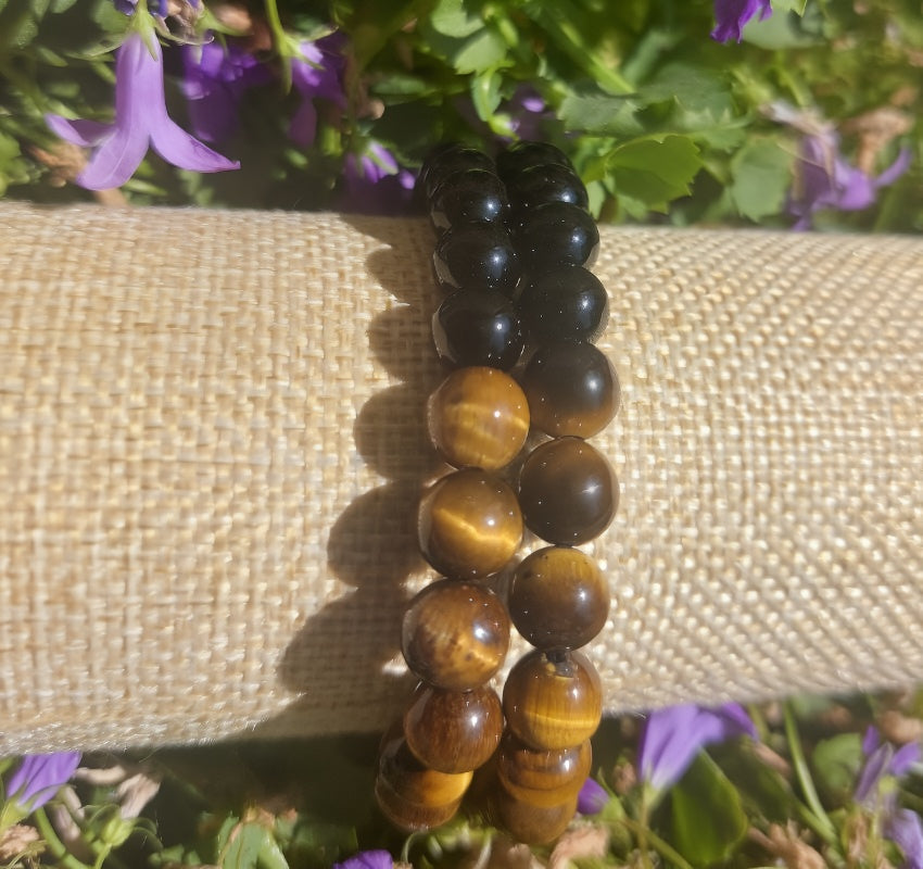 Armband 7 Perlen, (Obsidian, Tigerauge), 08mm Kugeln.
