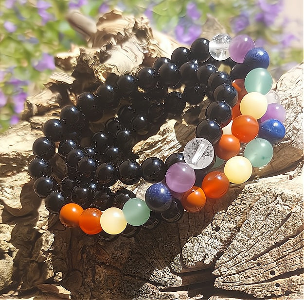 Armband (7 Perlen - Chakra, Obsidian), 08mm Kugeln.