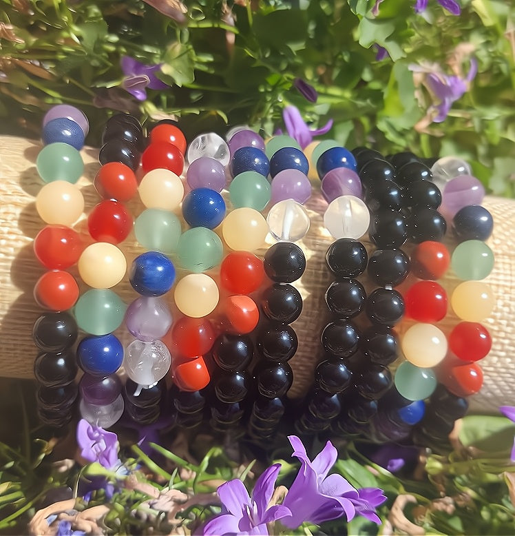 Armband (7 Perlen - Chakra, Obsidian), 08mm Kugeln.