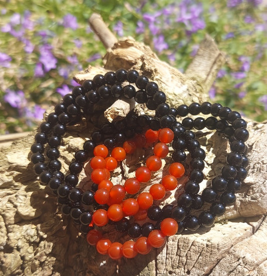 Armband 7 Perlen, (Obsidian, Karneol), 06mm Kugeln.