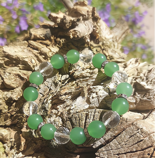 Armband (Bergkristall facettiert, grüner Aventurin), 10mm Kugeln.