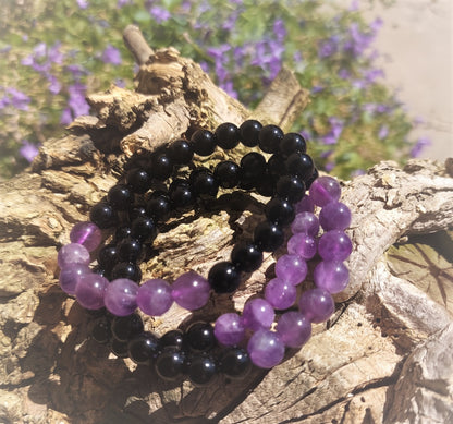 Armband 7 Perlen, (Obsidian, Amethyst), 06mm Kugeln.