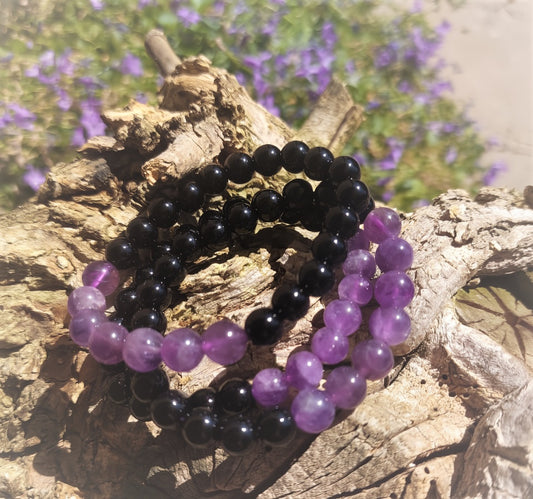 Armband 7 Perlen, (Obsidian, Amethyst), 06mm Kugeln.
