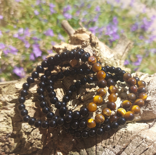 Armband 7 Perlen, (Obsidian, Tigerauge), 06mm Kugeln.