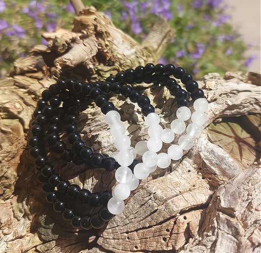 Armband 7 Perlen, (Obsidian, Bergkristall), 06mm Kugeln.