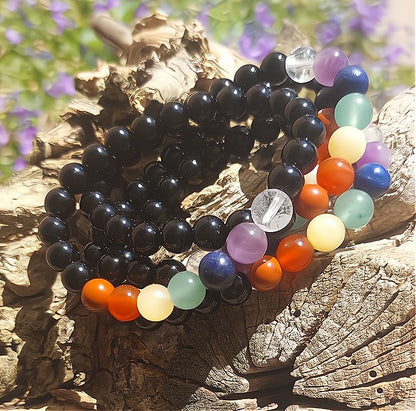 Armband (7 Perlen - Chakra, Obsidian), 08mm Kugeln.