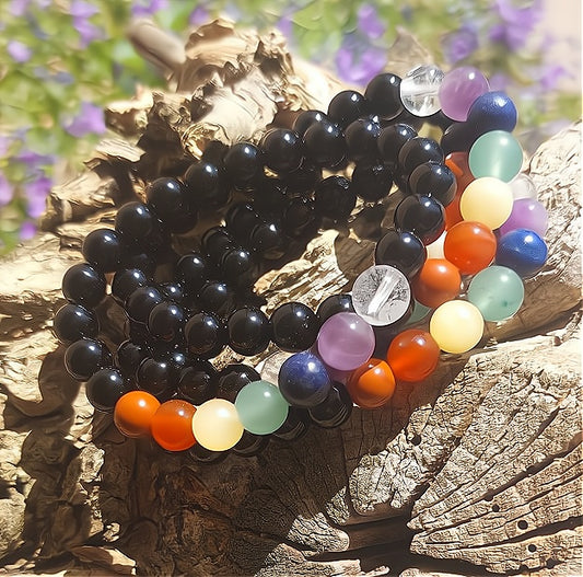 Armband (7 Perlen - Chakra, Obsidian), 08mm Kugeln.