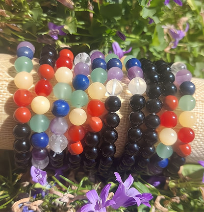 Armband (7 Perlen - Chakra, Obsidian), 08mm Kugeln.