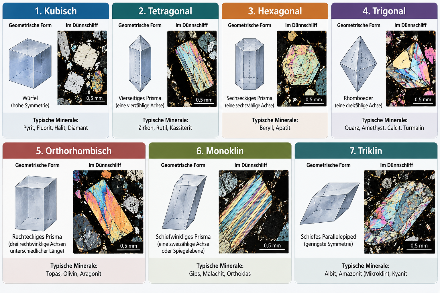 Die sieben Kristallsysteme der Minerale: geometrische Kristallformen und mikroskopische Dünnschliffbilder im Vergleich