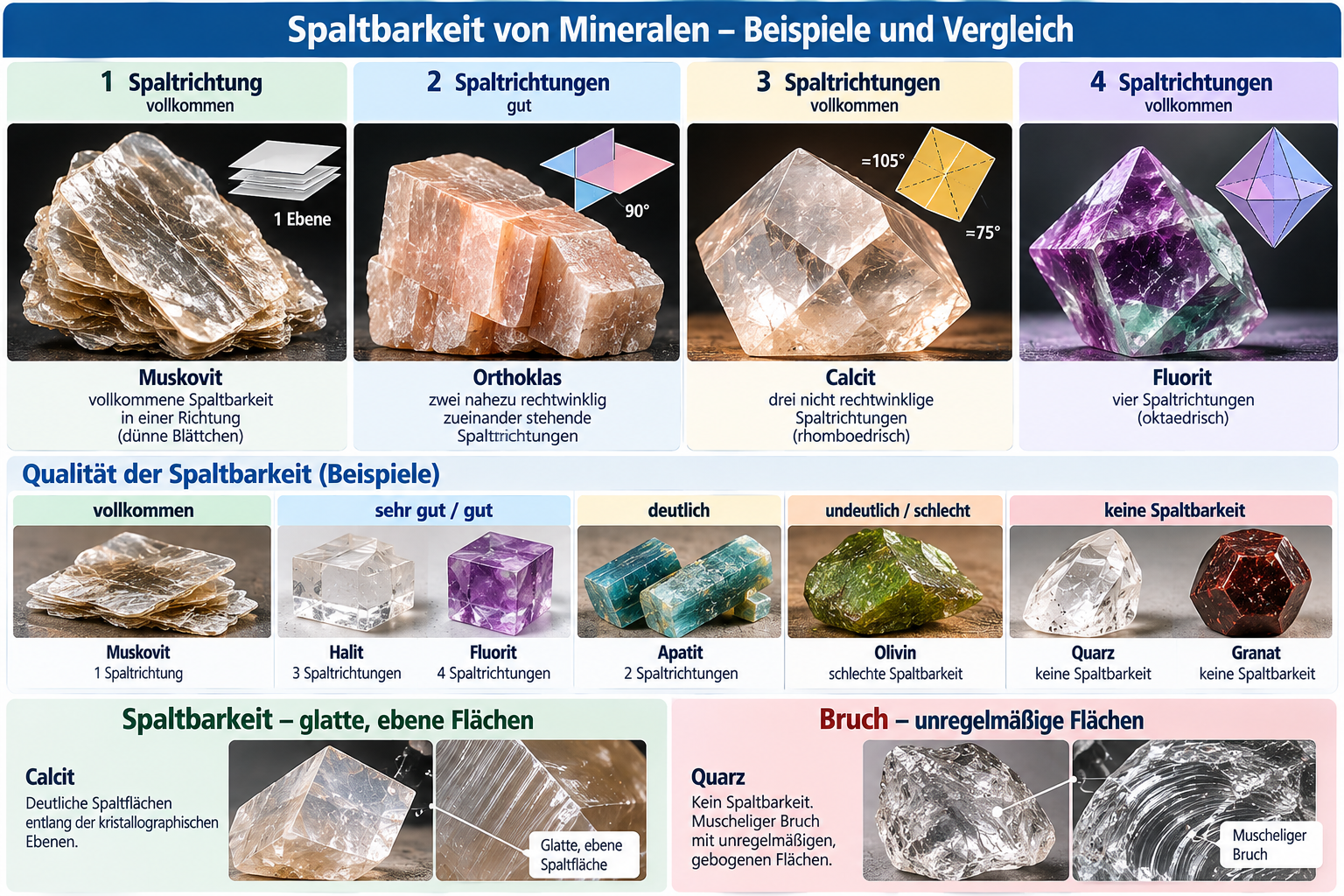 Spaltbarkeit von Mineralen bestimmen – Vergleich der Spaltrichtungen bei Muskovit, Orthoklas, Calcit und Fluorit sowie Unterschied zwischen Spaltbarkeit und muscheligem Bruch