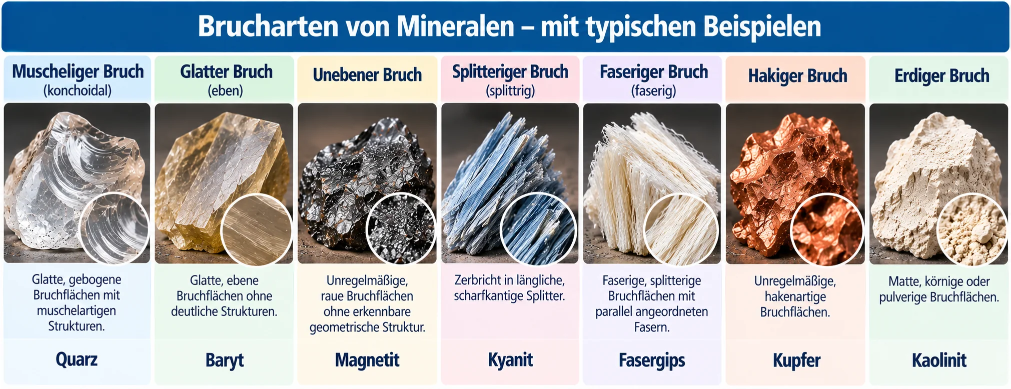 Sieben Brucharten von Mineralen: muschelig bei Quarz, glatt bei Baryt, uneben bei Magnetit, splittrig bei Kyanit, faserig bei Fasergips, hakig bei Kupfer und erdig bei Kaolinit.