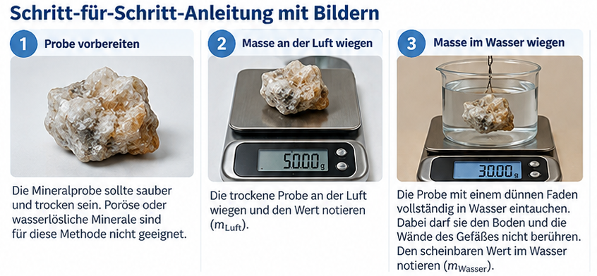 Hydrostatische Dichtebestimmung von Mineralen in drei Schritten: Probe vorbereiten, an der Luft wiegen und im Wasser wiegen