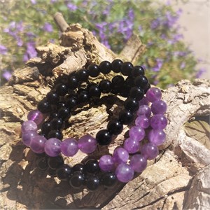 Armband 7 Perlen, Obsidian, Amethyst, 06mm Kugeln. – Armbänder online kaufen