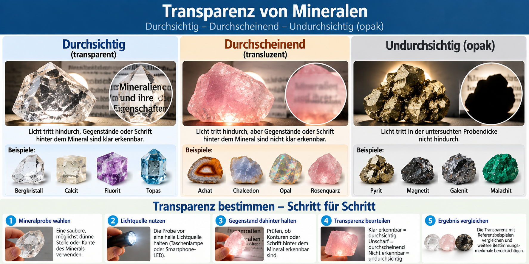 Transparenz von Mineralen bestimmen – Vergleich von durchsichtigem Bergkristall, durchscheinendem Rosenquarz und opakem Pyrit mit Schritt-für-Schritt-Anleitung